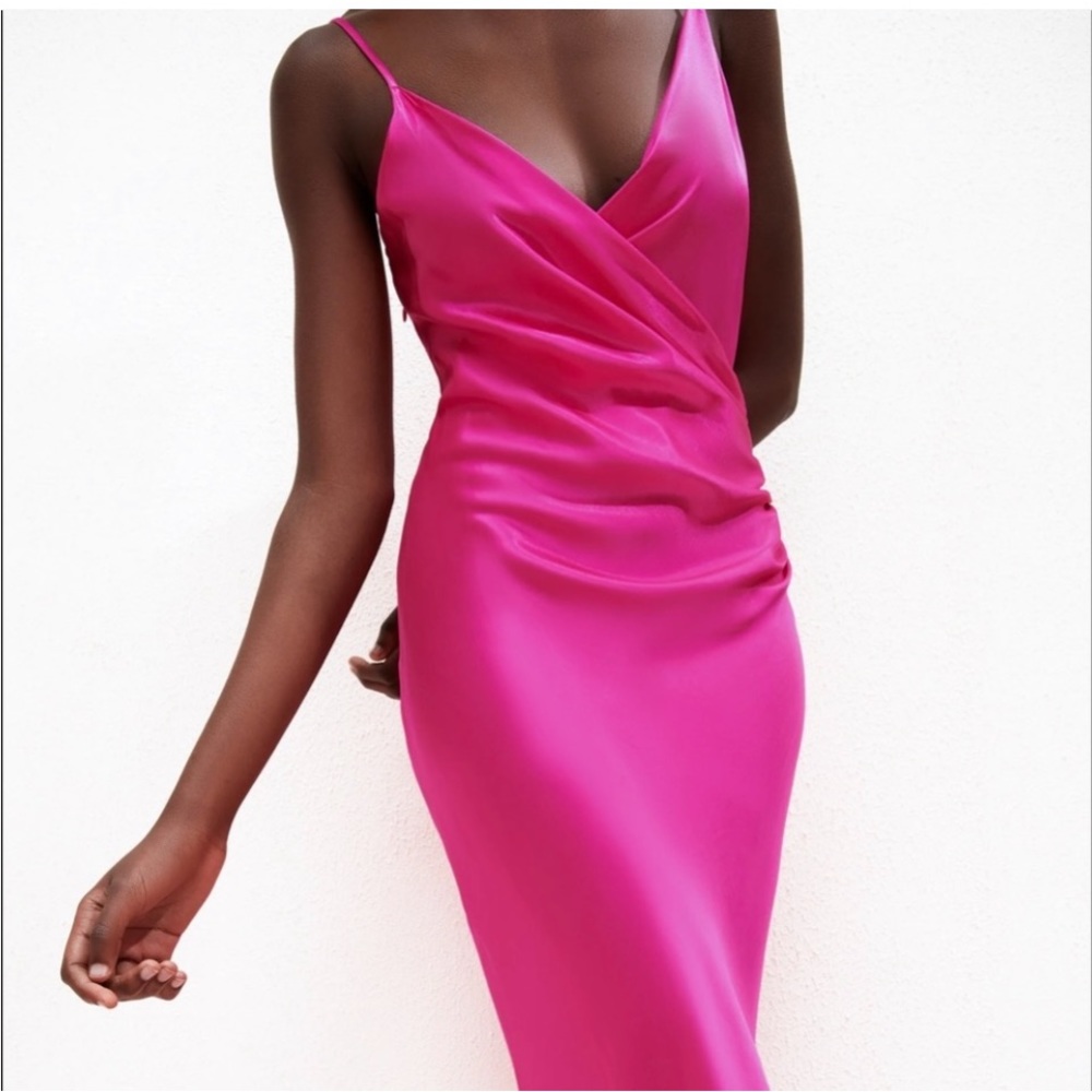 Zara DRAPED CAMISOLE SATIN MIDI DRESS w/ Side Slit PINK NEW